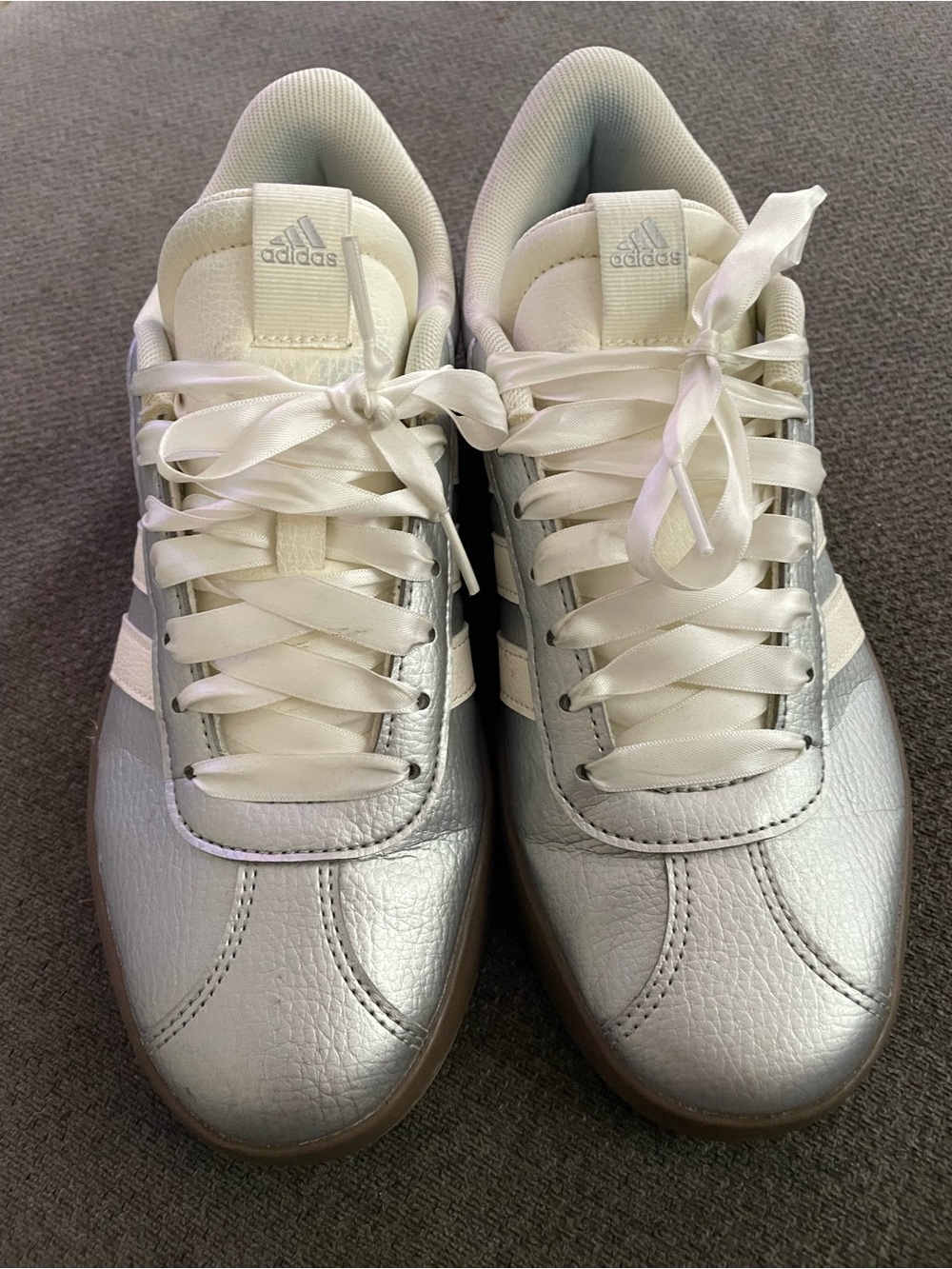 adidas Women's Silver Sneakers with White Stripes. Ribbon laces. - Picture 4 of 4